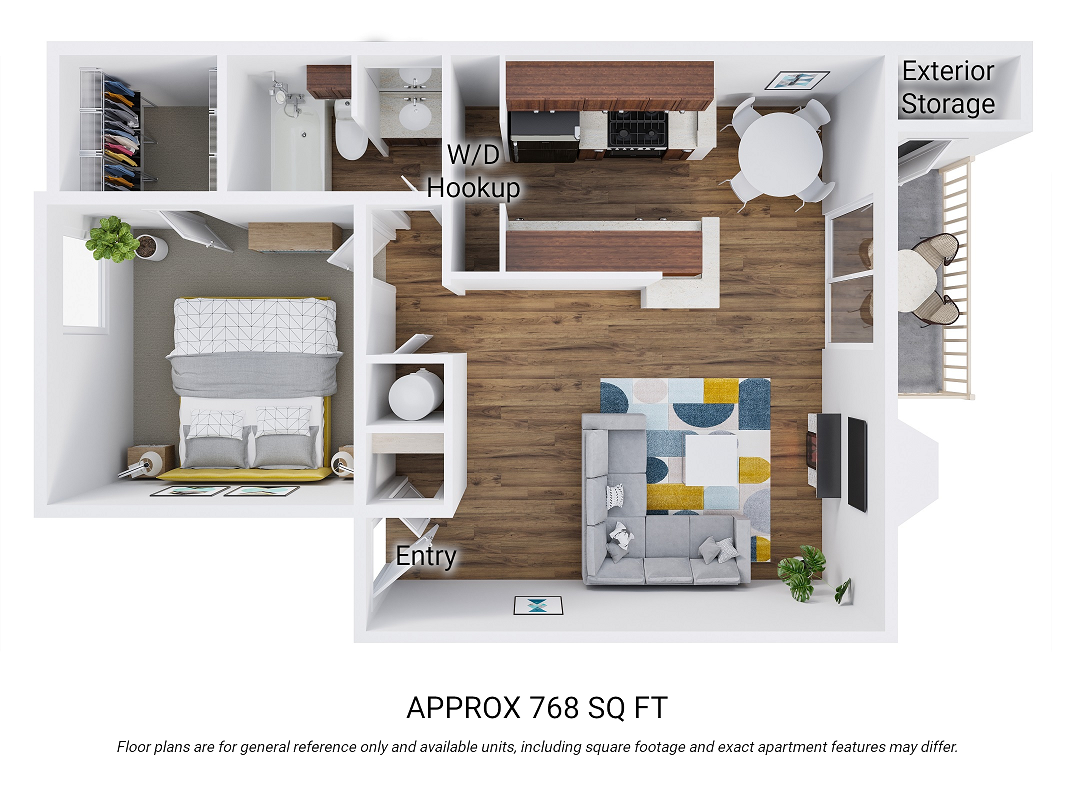 Floor plan for 1 bed, 1 bath, 768 sqft